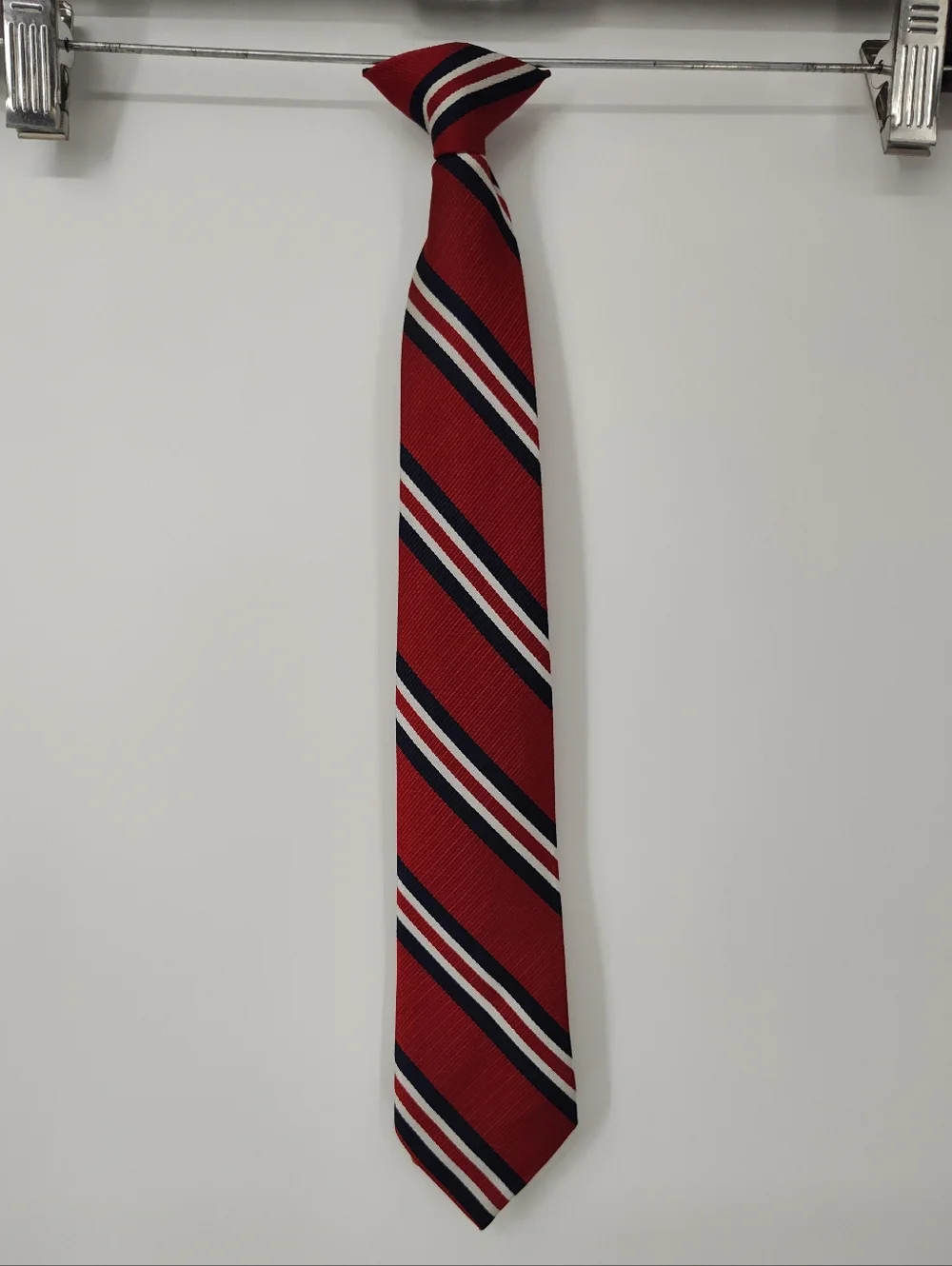 Boys Red With Navy Striped Clip On Tie